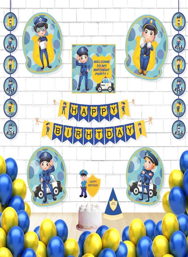 Untumble Police Theme Birthday Decorations for Boys - Yellow & Blue Police Birthday Decorations with Police Birthday Banner, Danglers, Posters, Cake Topper & Balloons - Pack of 58 - Image 1